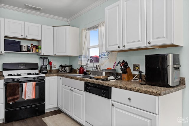 kitchen with white cabinets, ornamental molding, sink, dishwasher, and black gas range