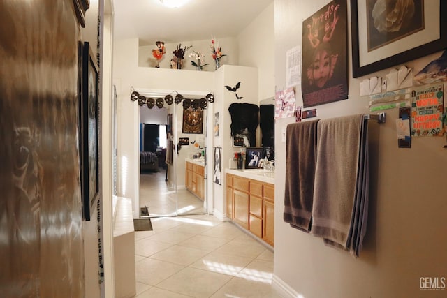 bathroom with vanity and tile patterned floors