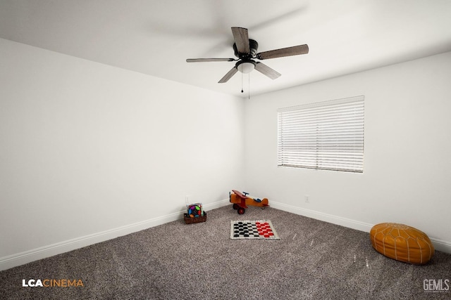 game room featuring baseboards, carpet, and a ceiling fan