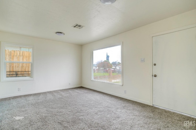 spare room with carpet, plenty of natural light, visible vents, and baseboards