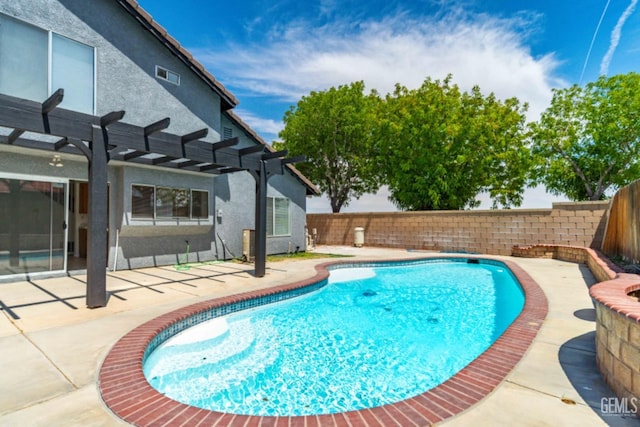 view of pool featuring a fenced backyard, a fenced in pool, a pergola, and a patio