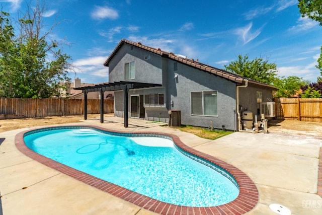 view of pool featuring a fenced backyard, a fenced in pool, a pergola, and a patio