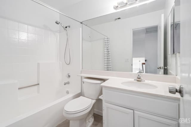 full bath with shower / bathtub combination, vanity, toilet, and visible vents