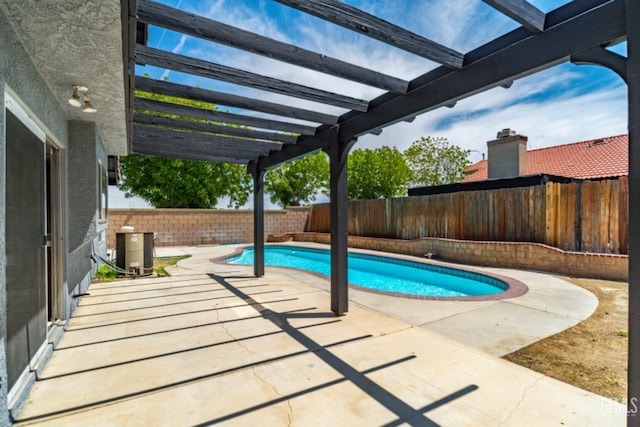 view of swimming pool featuring a pergola, a fenced backyard, a fenced in pool, a patio area, and central air condition unit
