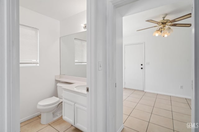 bathroom with toilet, ceiling fan, tile patterned flooring, and vanity