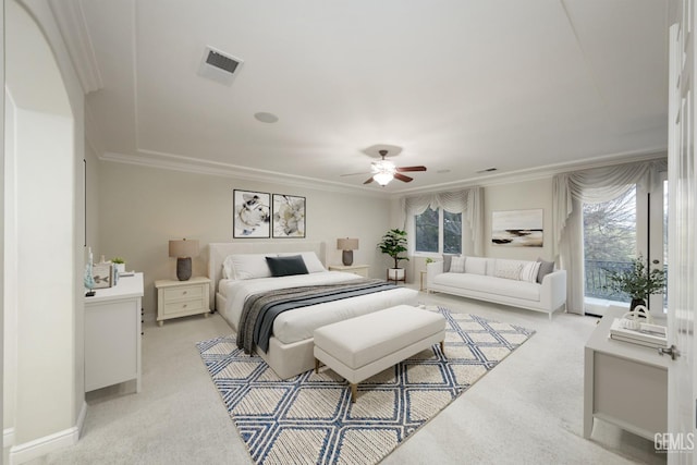 bedroom featuring light carpet, access to outside, visible vents, and ornamental molding