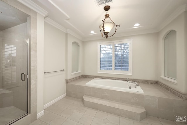 full bathroom with visible vents, ornamental molding, a shower stall, tile patterned flooring, and a bath