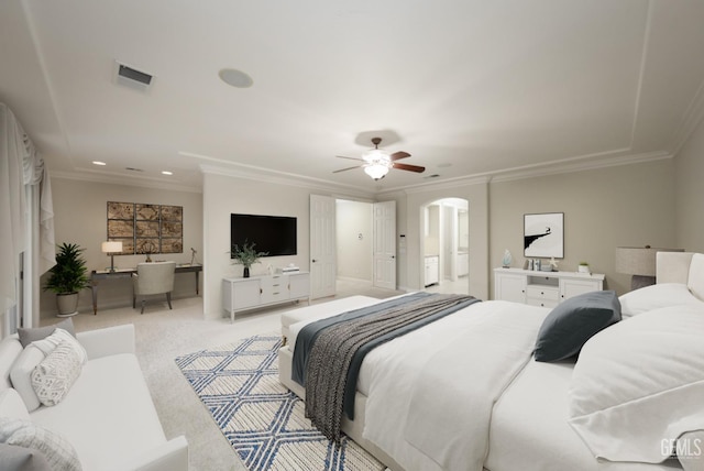 bedroom featuring arched walkways, crown molding, visible vents, and light colored carpet