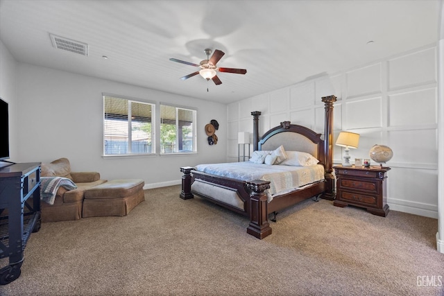 bedroom featuring carpet, visible vents, a ceiling fan, and baseboards