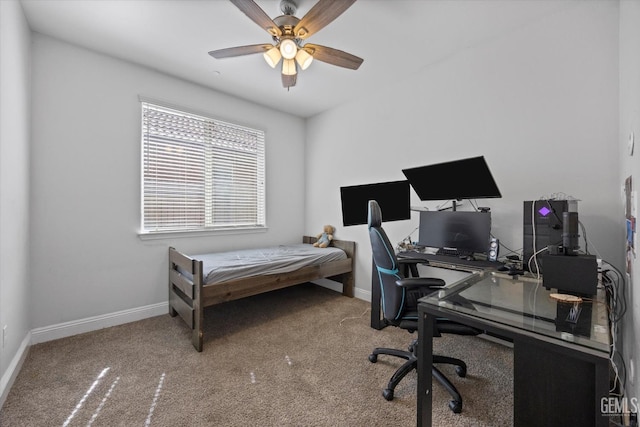 bedroom with carpet, baseboards, and ceiling fan