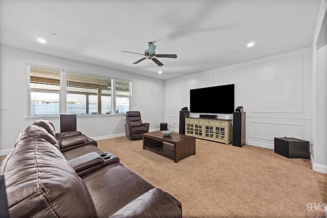 living room with baseboards, a ceiling fan, carpet flooring, and recessed lighting