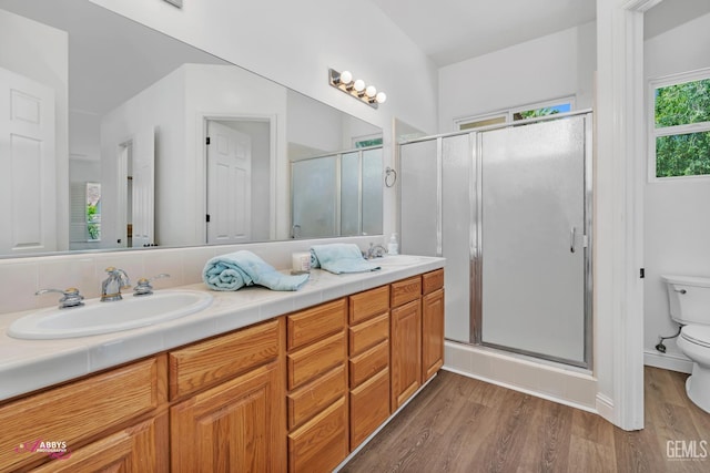 10102 Lace Cascade Ct, Bakersfield, CA 93311 - bathroom featuring double vanity, wood finished floors, and a shower stall