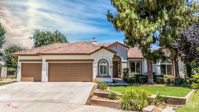 10102 Lace Cascade Ct, Bakersfield, CA 93311 - mediterranean / spanish-style home with stucco siding, a chimney, driveway, a garage, and a tiled roof