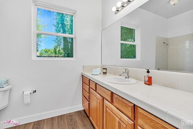 10102 Lace Cascade Ct, Bakersfield, CA 93311 - bathroom featuring vanity, healthy amount of natural light, wood finished floors, and tiled shower