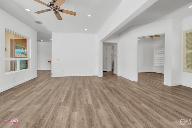 10102 Lace Cascade Ct, Bakersfield, CA 93311 - unfurnished living room featuring ceiling fan, light wood-style floors, and recessed lighting