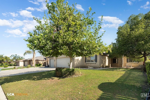 9404 Red Rock Creek Way, Bakersfield, CA 93311 - obstructed view of property featuring concrete driveway, a front yard, stucco siding, and a garage