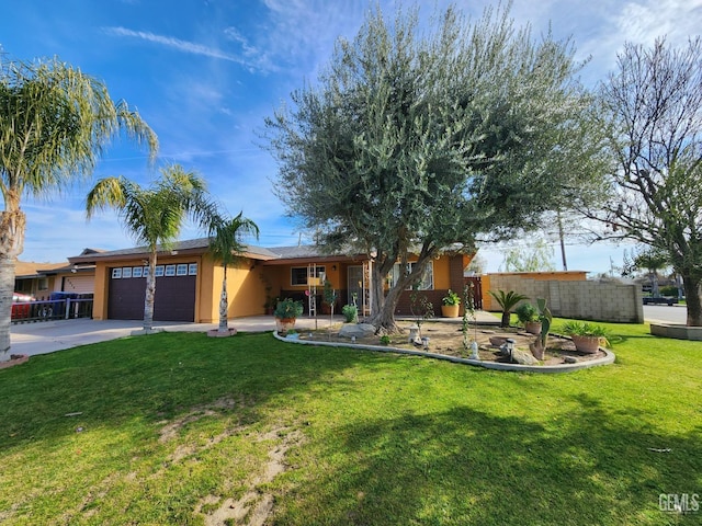 ranch-style house with a garage and a front lawn