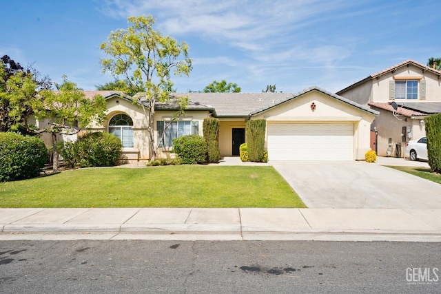 6720 Alderbrook Ln, Bakersfield, CA 93312 - view of front of property with a garage, driveway, a front lawn, stucco siding, and a tiled roof