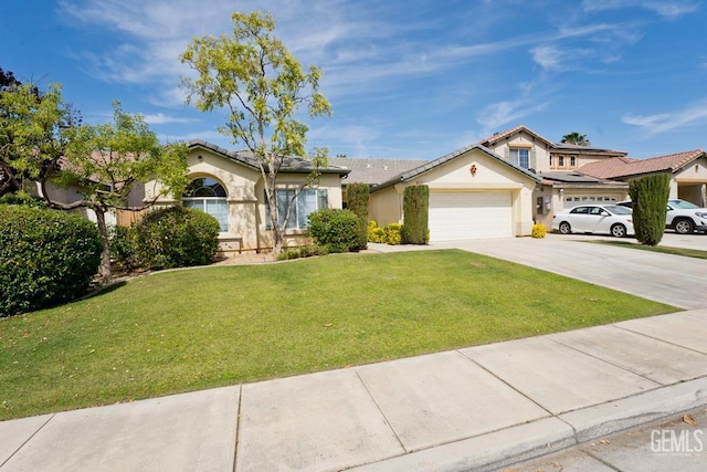 6720 Alderbrook Ln, Bakersfield, CA 93312 - view of front of property with an attached garage, concrete driveway, a front yard, and stucco siding