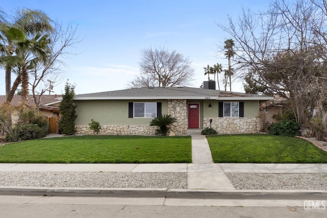 single story home featuring stone siding, a front lawn, and stucco siding