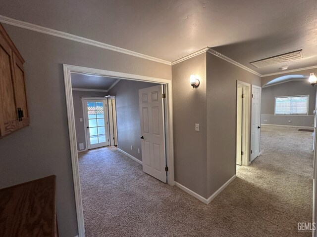 4049 Liz Dr, Bakersfield, CA 93312 - corridor featuring light carpet and crown molding