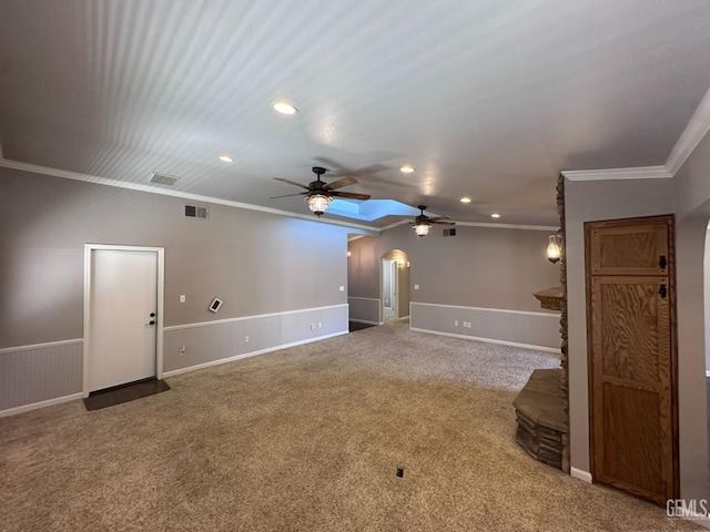4049 Liz Dr, Bakersfield, CA 93312 - unfurnished living room featuring ceiling fan, arched walkways, recessed lighting, ornamental molding, and carpet floors