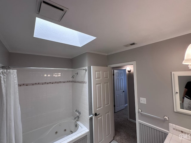 4049 Liz Dr, Bakersfield, CA 93312 - bathroom with a combined bath / shower with jetted tub, a skylight, and ornamental molding
