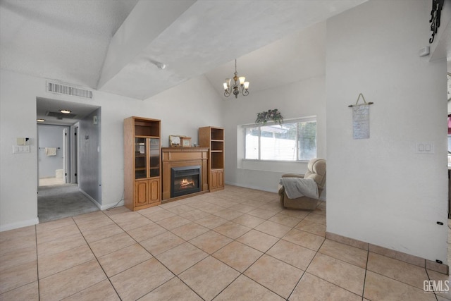 unfurnished living room featuring light tile patterned flooring, vaulted ceiling, and an inviting chandelier