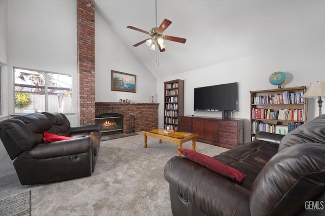 carpeted living room with a brick fireplace, high vaulted ceiling, and ceiling fan