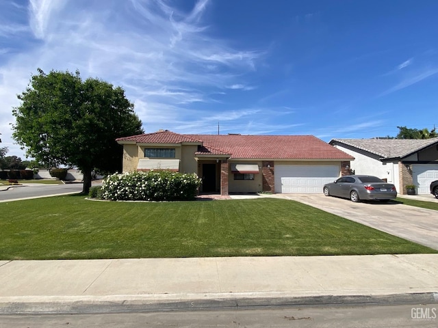 single story home featuring a tile roof, concrete driveway, a front lawn, an attached garage, and stucco siding