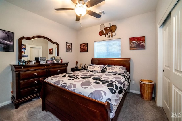 8414 Kowa St, Bakersfield, CA 93314 - bedroom with dark carpet and a ceiling fan