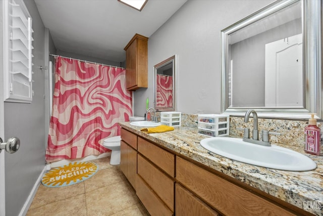 full bathroom with a sink, backsplash, tile patterned floors, and toilet