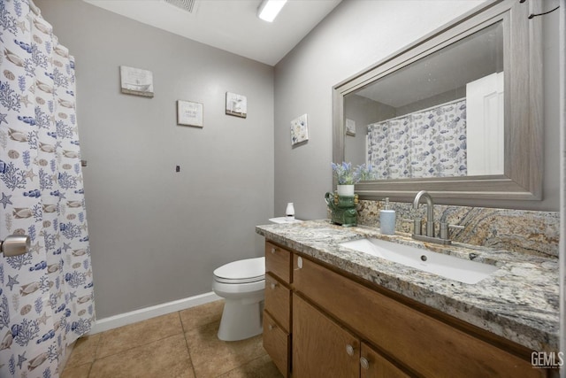 bathroom with a shower with curtain, toilet, tile patterned flooring, baseboards, and vanity