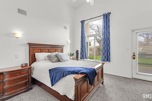 4216 Lightning Ct, Bakersfield, CA 93312 - bedroom featuring carpet floors, multiple windows, access to outside, and a ceiling fan