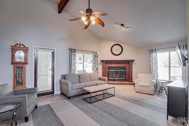 9604 Lea Oak Rd, Bakersfield, CA 93311 - living room with a ceiling fan, wood finished floors, healthy amount of natural light, beamed ceiling, and a glass covered fireplace