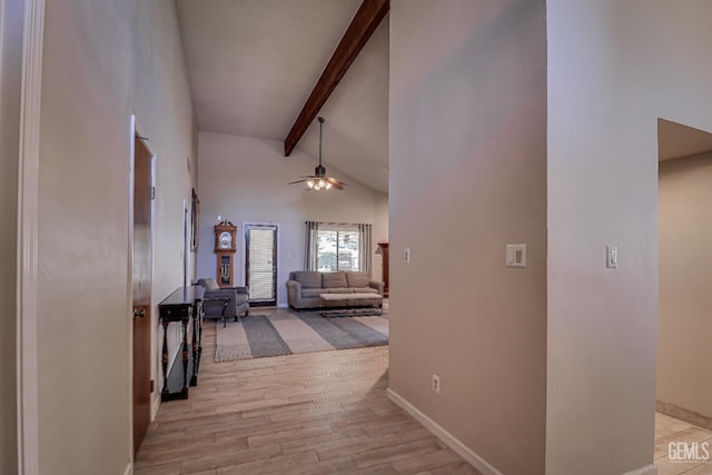 9604 Lea Oak Rd, Bakersfield, CA 93311 - hallway with beam ceiling, light wood-style floors, and high vaulted ceiling