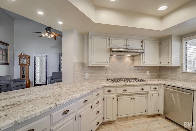 9604 Lea Oak Rd, Bakersfield, CA 93311 - kitchen with stainless steel appliances, under cabinet range hood, ceiling fan, light wood-style floors, and backsplash