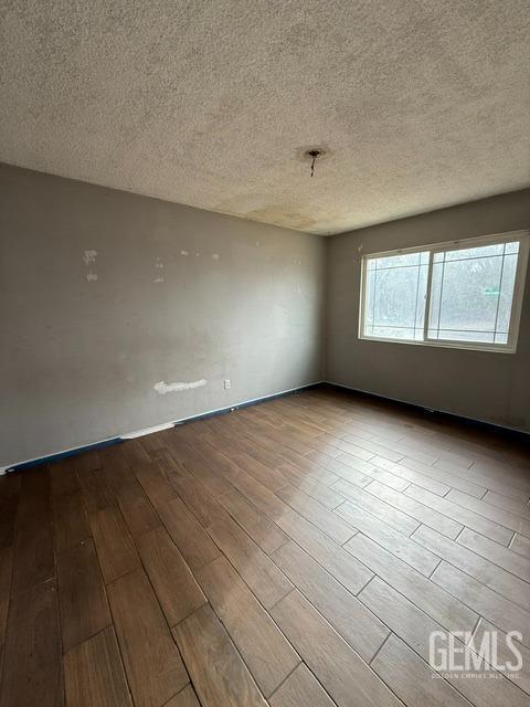 empty room with a textured ceiling and light hardwood / wood-style floors