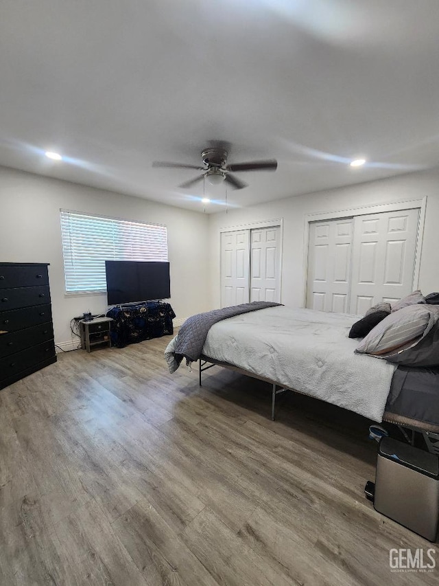 5812 Appletree Ln, Bakersfield, CA 93309 - bedroom with two closets, wood finished floors, ceiling fan, and recessed lighting