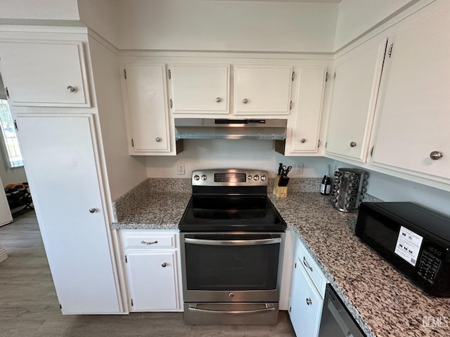 5812 Appletree Ln, Bakersfield, CA 93309 - kitchen with wood finished floors, light stone counters, under cabinet range hood, white cabinetry, and appliances with stainless steel finishes