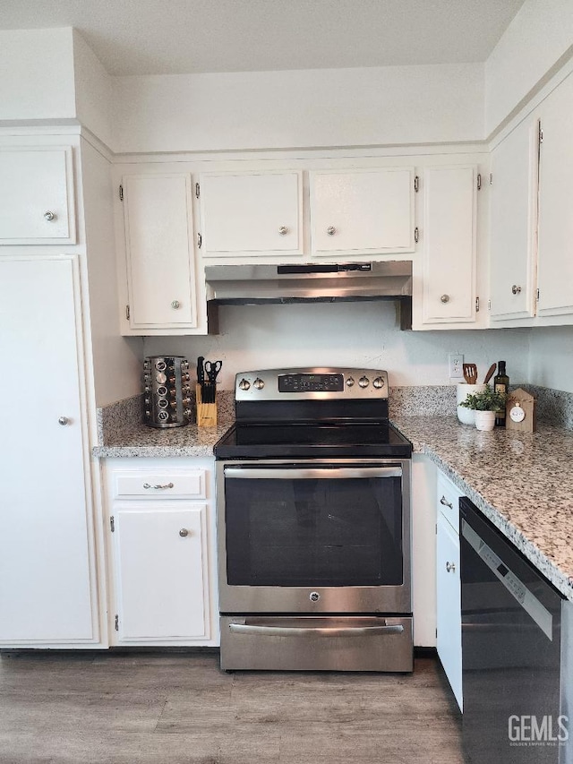 5812 Appletree Ln, Bakersfield, CA 93309 - kitchen with stainless steel electric range oven, dishwasher, range hood, white cabinets, and wood finished floors