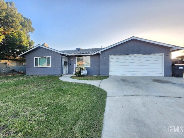 5812 Appletree Ln, Bakersfield, CA 93309 - single story home with driveway, a garage, a front lawn, stucco siding, and a chimney