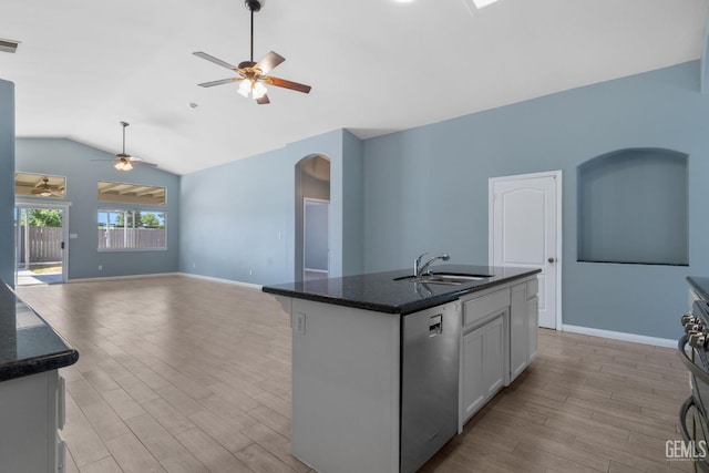 10415 Olympia Fields Dr, Bakersfield, CA 93312 - kitchen with dishwasher, a sink, ceiling fan, lofted ceiling, and light wood-style floors