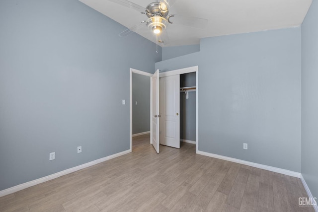 10415 Olympia Fields Dr, Bakersfield, CA 93312 - unfurnished bedroom featuring light wood-style flooring, baseboards, a closet, lofted ceiling, and ceiling fan