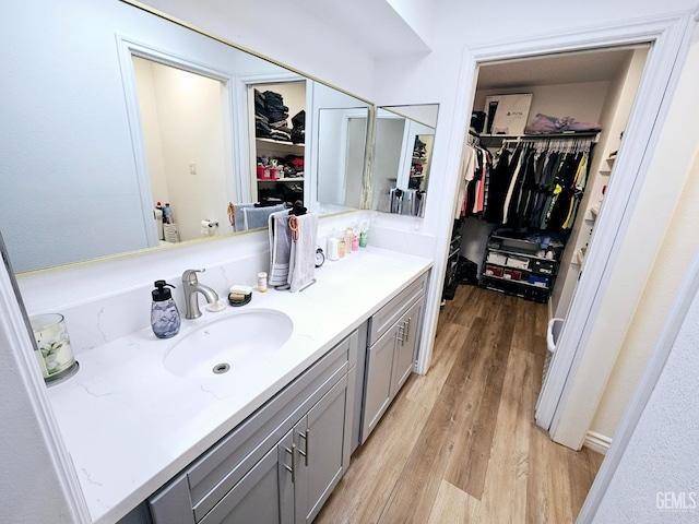 bathroom featuring vanity and hardwood / wood-style floors