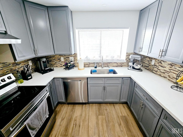 kitchen with sink, gray cabinetry, backsplash, stainless steel appliances, and light wood-type flooring