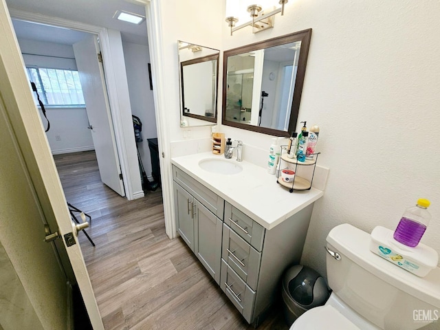 bathroom featuring vanity, hardwood / wood-style flooring, and toilet