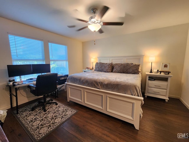 5911 Bogart Dr, Bakersfield, CA 93313 - bedroom featuring dark wood-style floors, an office area, and a ceiling fan