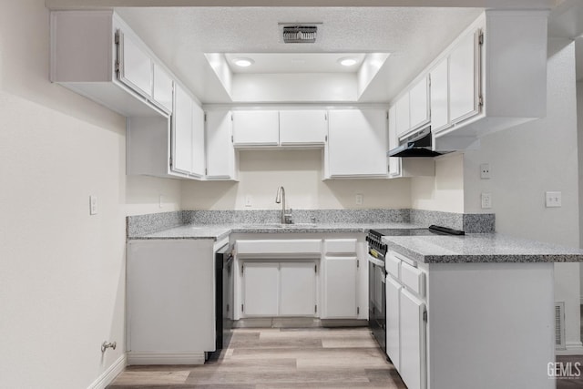 kitchen with stainless steel stove, sink, and white cabinets