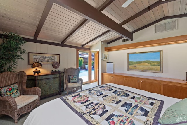 bedroom featuring access to outside, wood ceiling, visible vents, and lofted ceiling with beams